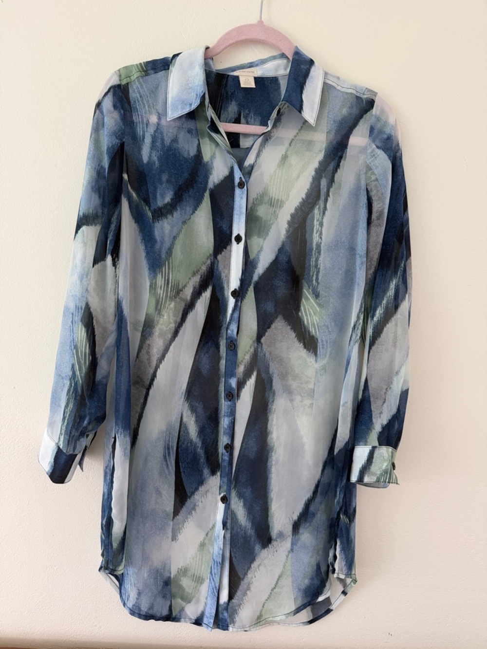 Chico's Blue and Green Abstract Button-Front Tunic Blouse - Picture 3 of 4